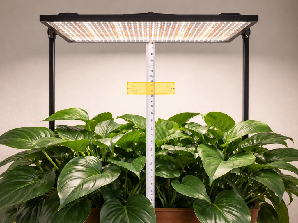 LED grow light above a philodendron with a measuring tape showing a 12–24 inch distance range.