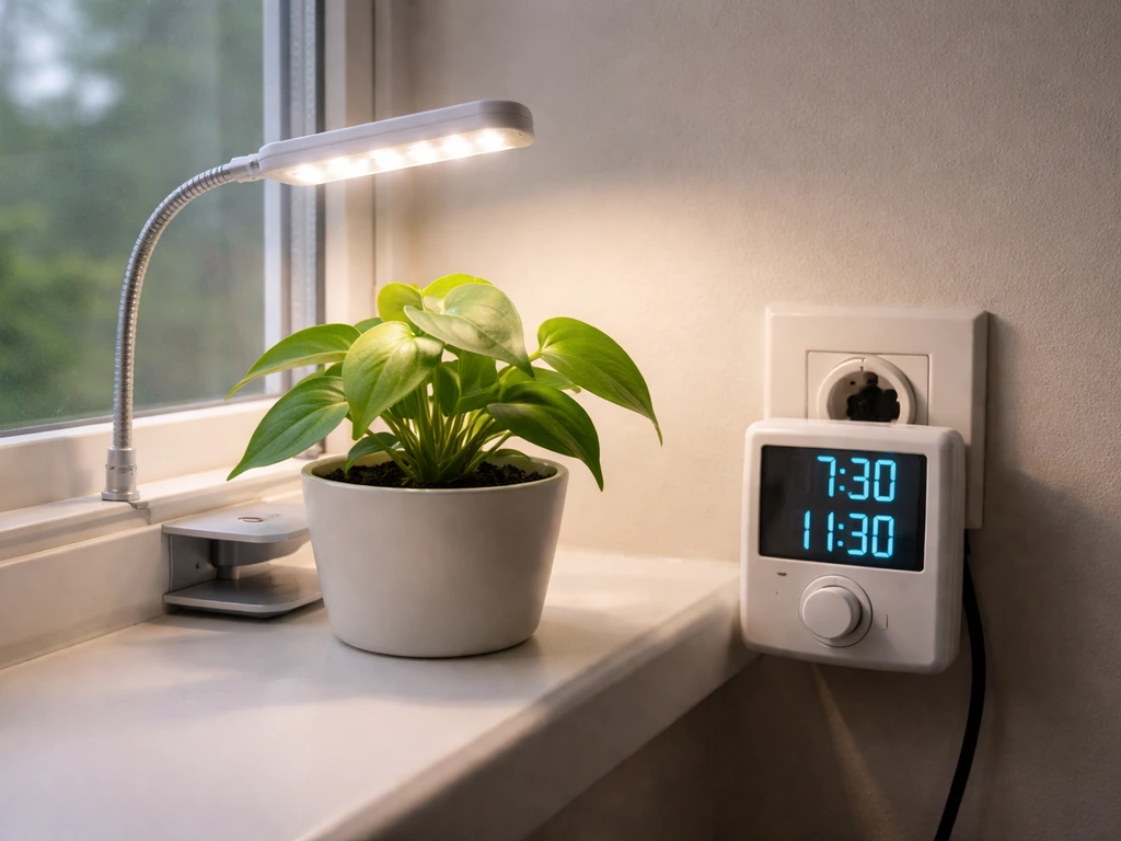 Philodendron beside a grow light plugged into an outlet timer with digital time settings visible.