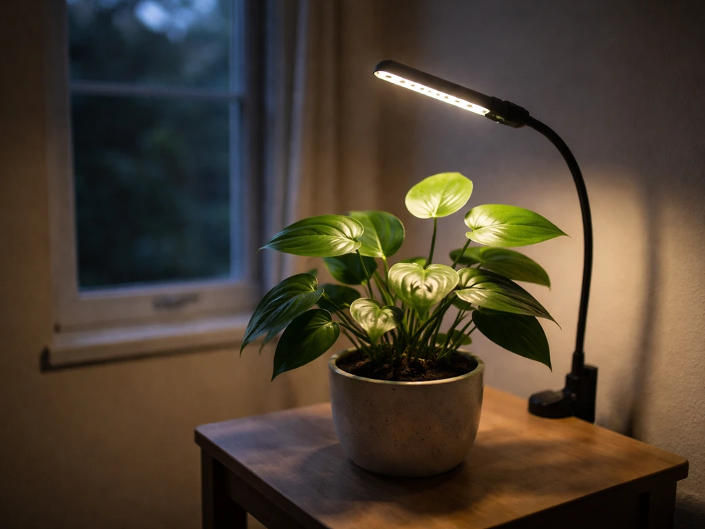 Philodendron near a dim window with a side-mounted LED grow light topping up the leaves