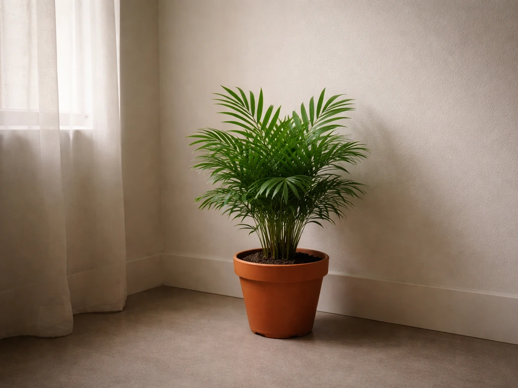 Healthy parlour palm in a dim indoor corner near a window, showing low-light tolerance with compact growth.