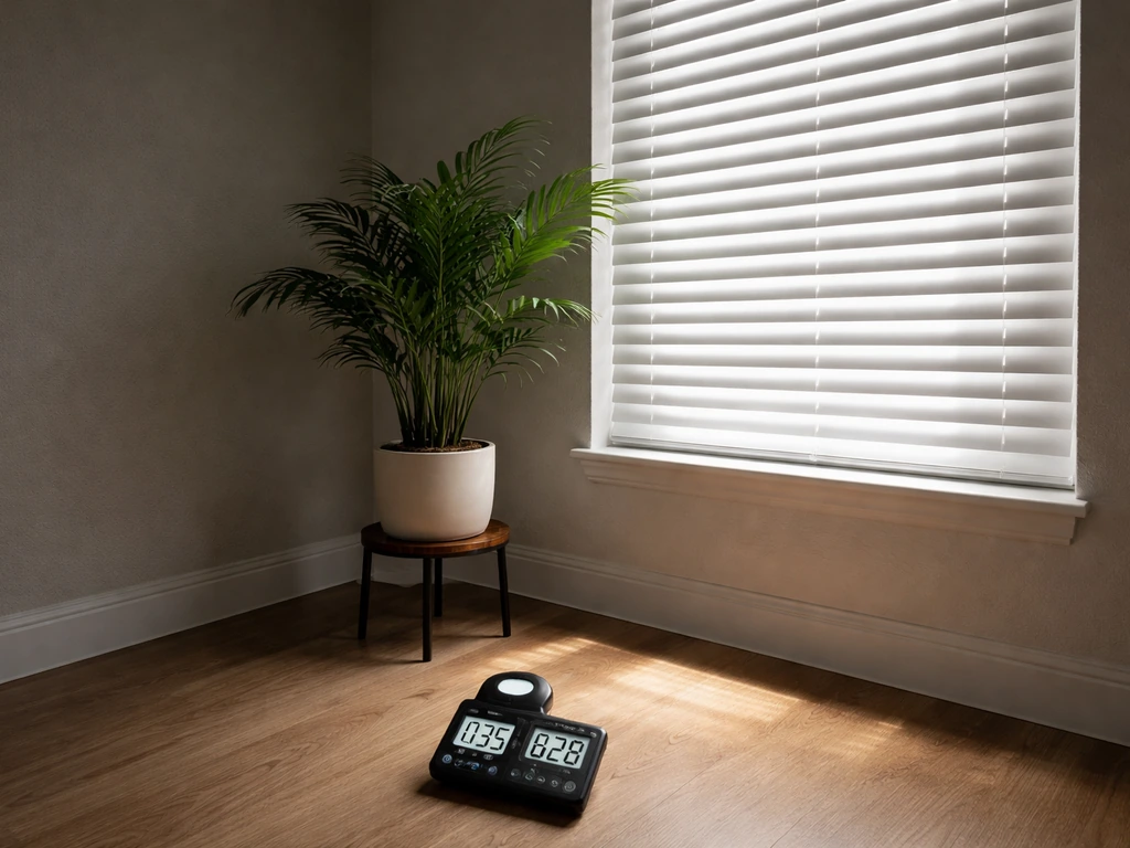 Indoor corner with a potted parlour palm near a window, dim vs brighter light shown on a small camera display
