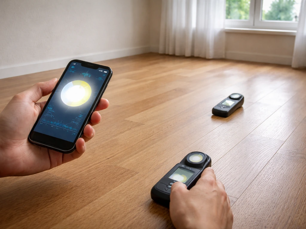 Hands using a smartphone light-meter app and a handheld lux meter in different spots of a bright room.