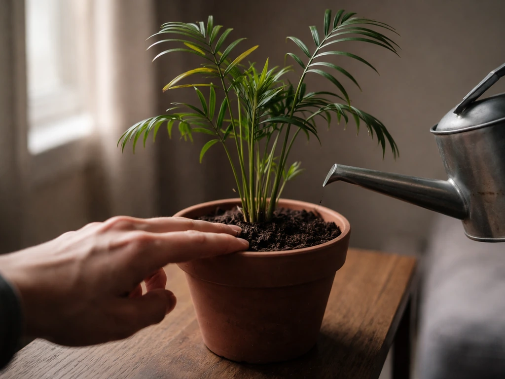 A watering can hovers over a low-light parlour palm as a hand checks soil moisture.