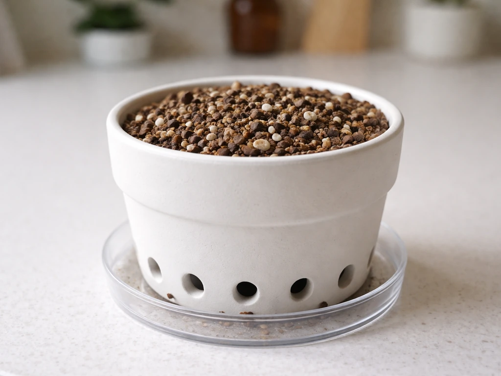 Close-up of peat-free potting mix texture, pot drainage holes, and a saucer liner beneath.