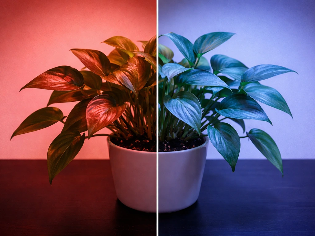 Split-light photo of the same leafy plant under red vs blue grow lights in a clean indoor setup.