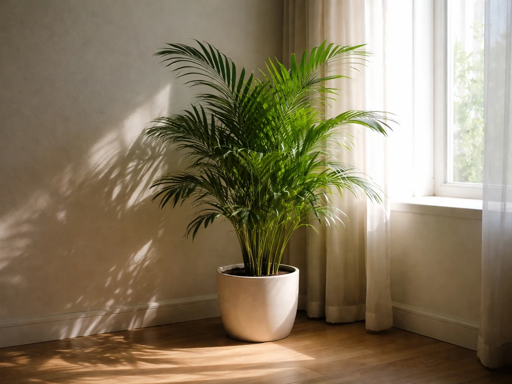 Areca palm thriving by a bright window with soft light rays and deep indoor shadows suggesting low-light limits