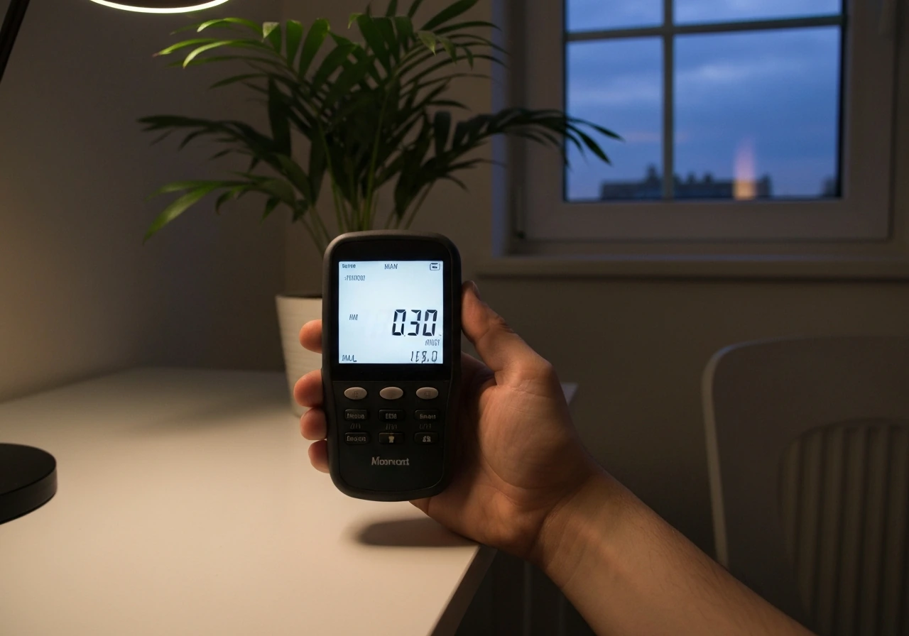 Light meter in a dim room near a window with an areca palm in soft background light.