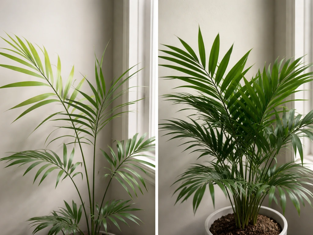Close-up of an areca palm showing pale, leggy stretched fronds beside denser healthier green growth.