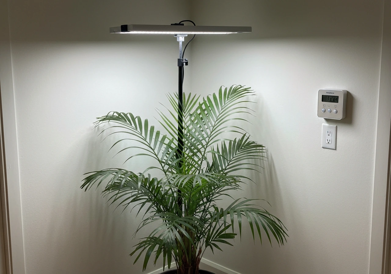 LED grow light correctly spaced above an areca palm canopy with an outlet timer for scheduling.