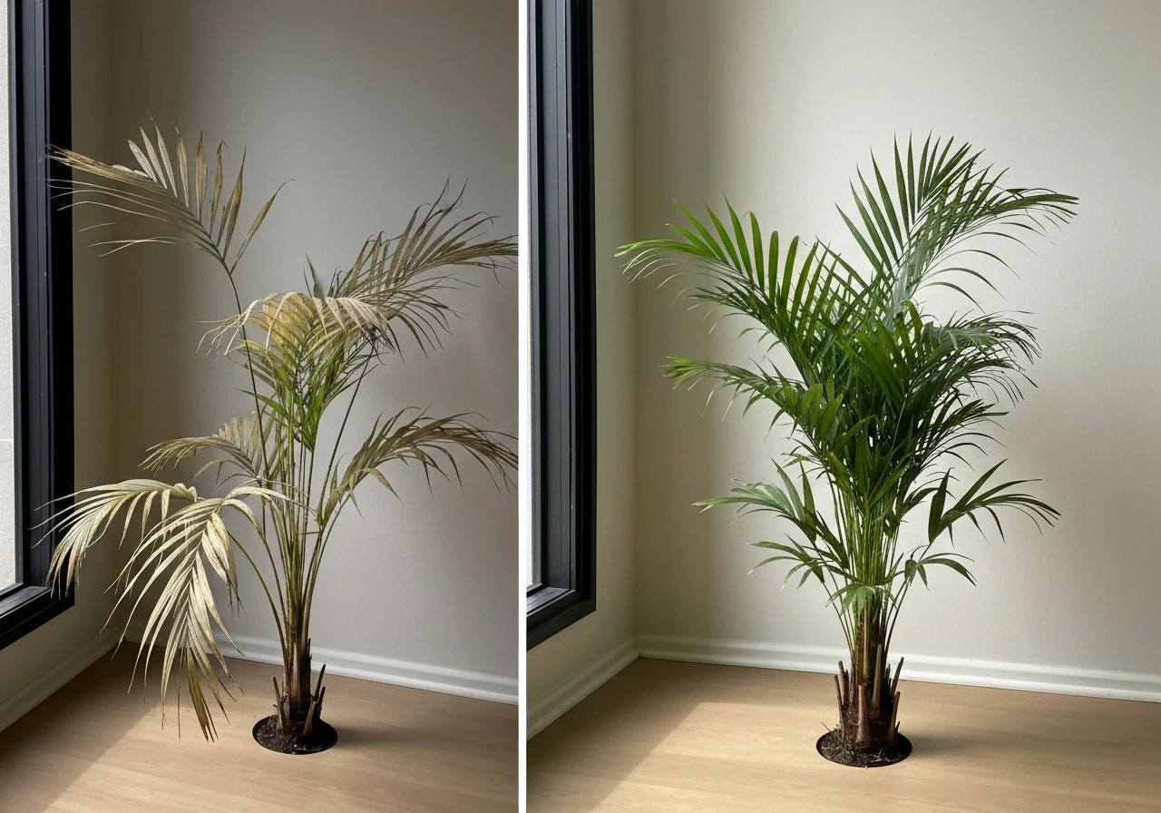 Side-by-side indoor palm comparison: leggy pale fronds in dim light vs compact greener fronds near a window.