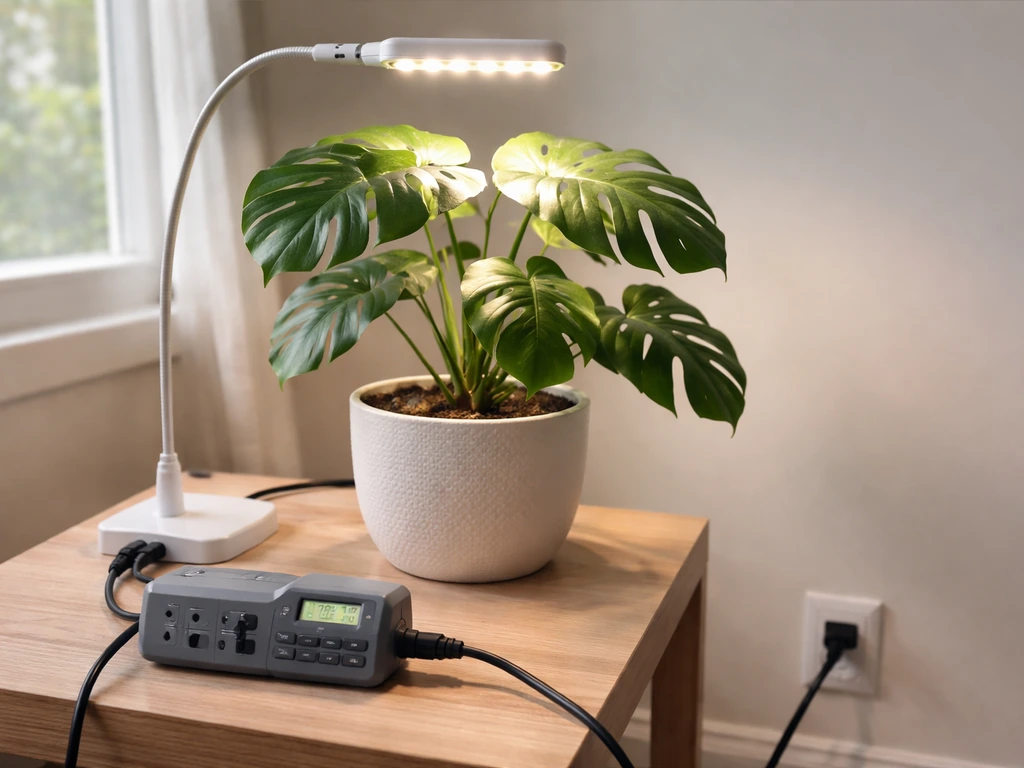 Monstera leaves under an LED grow light controlled by a programmable timer device.