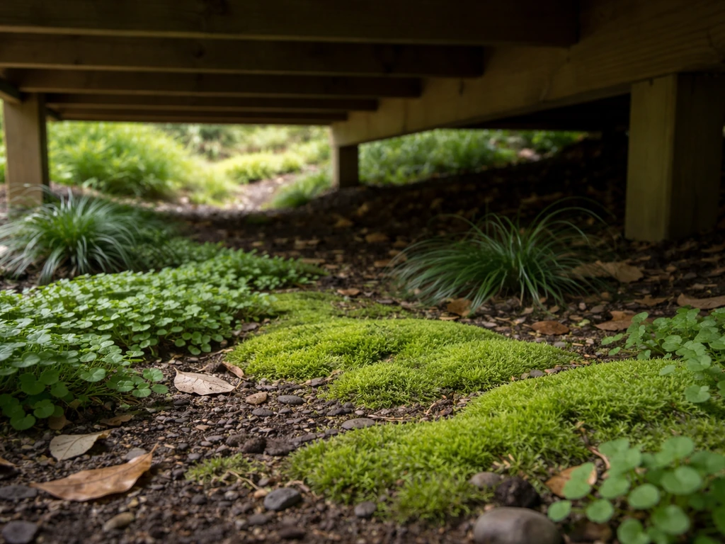 Shaded area beneath a wooden deck with lush moss and low groundcover plants thriving.