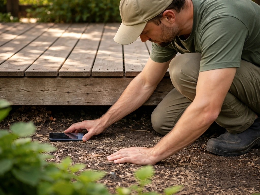 Gardener crouches under a wooden deck, holding a phone at ground level to measure light conditions.