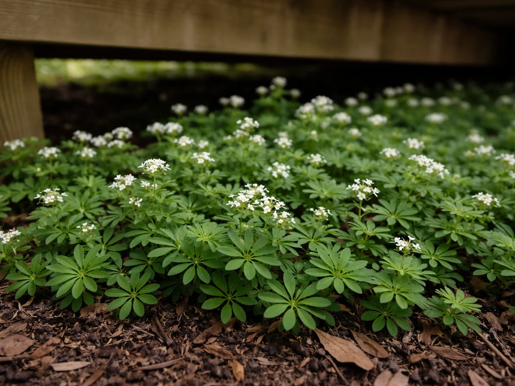 Sweet woodruff groundcover mat with tiny white blooms under a wooden deck, close-up view.