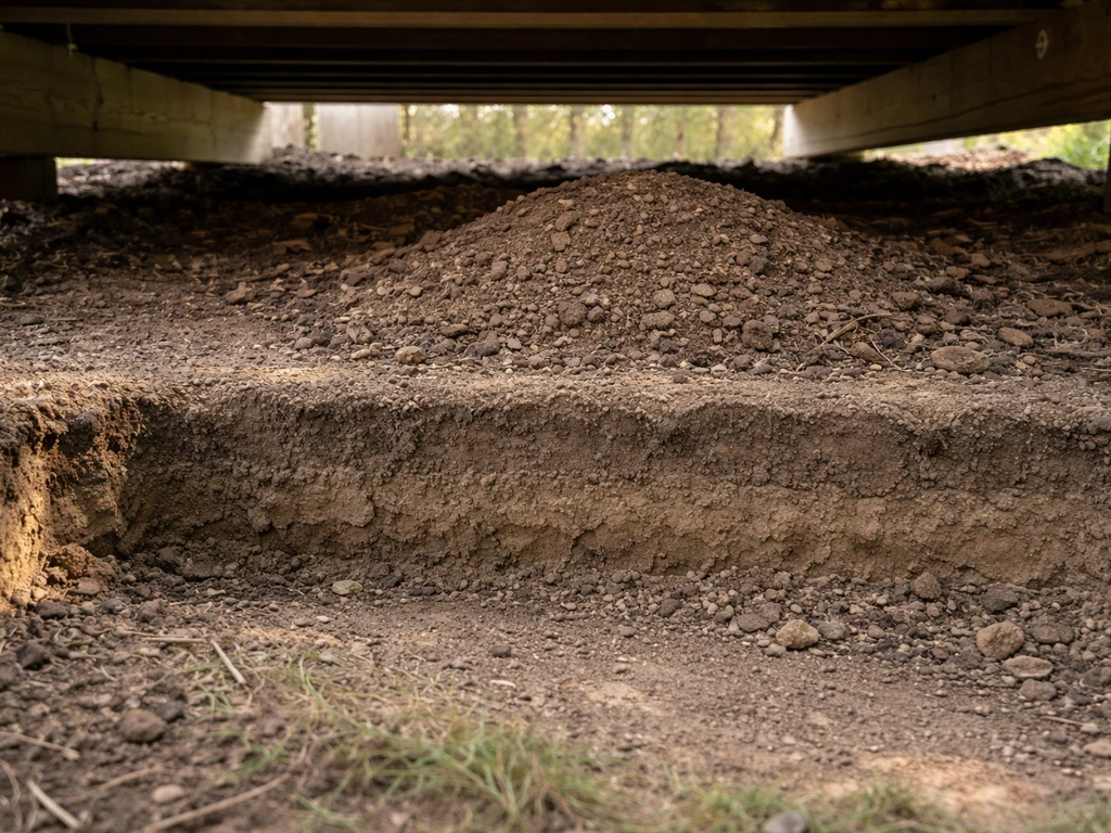 Closeup under a deck of excavated soil depth, loose amended soil, and small drainage paths.