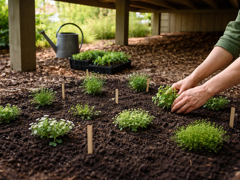 A simple under-deck planting bed with small plant labels and measured spacing marked on the soil.