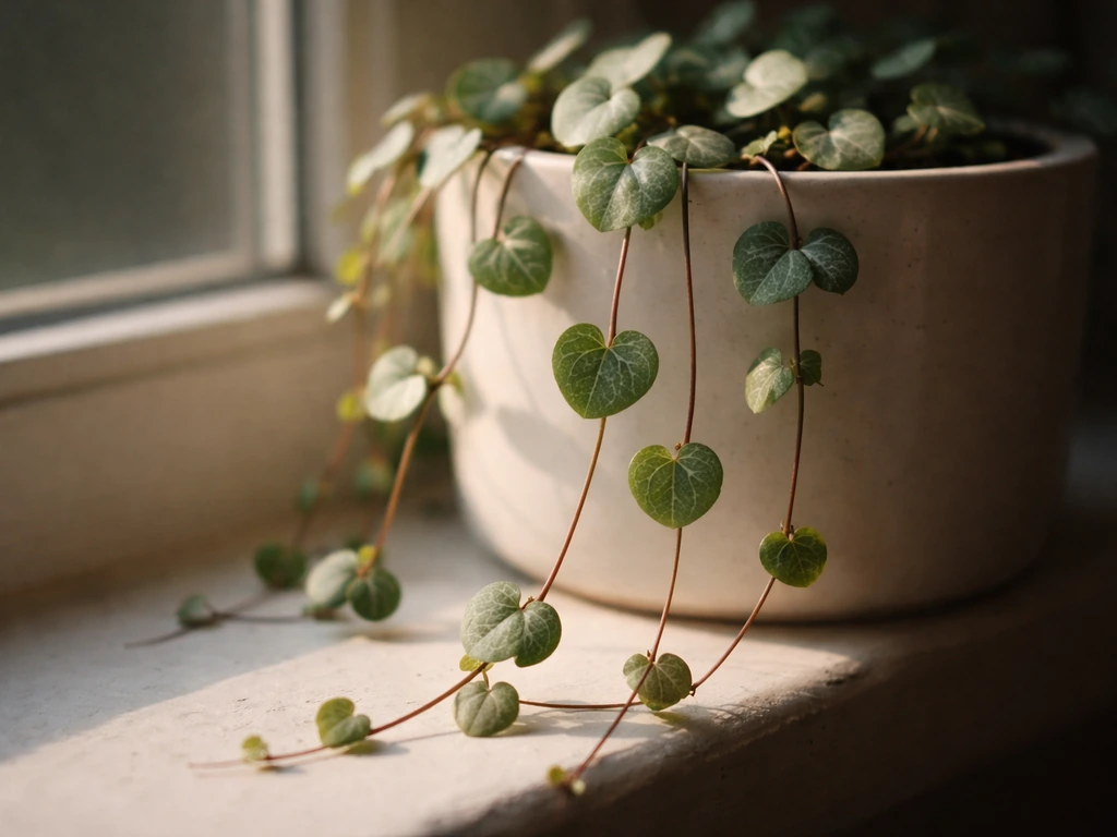 Close-up of string of hearts vines trailing from a planter, bright leaves against a darker background