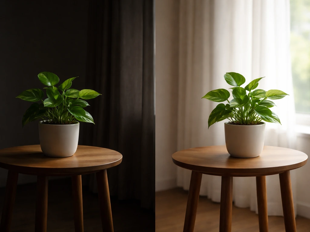 Houseplant on a table with dim light on one side and brighter window light on the other.