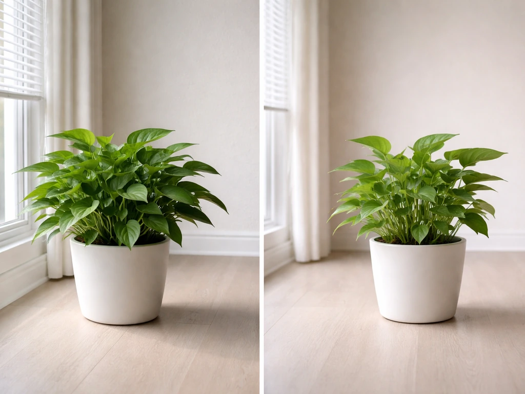 Two close views of the same potted plant near vs farther from a bright window, showing denser leaves near.