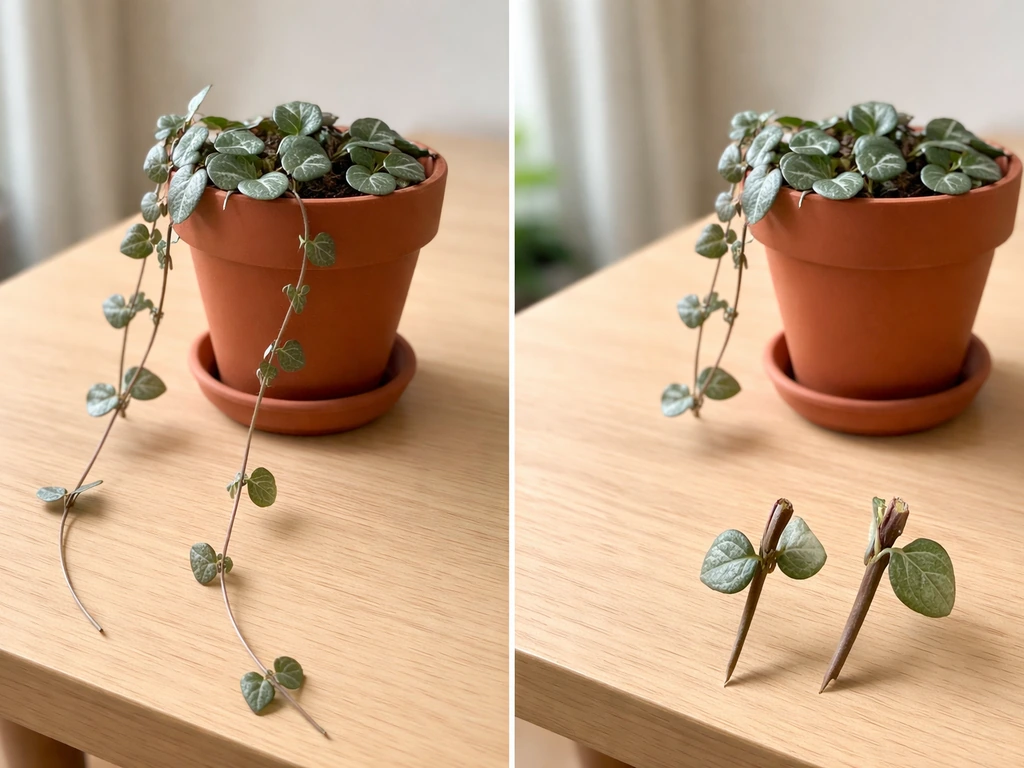 String of Hearts plant in a pot, showing leggy trailing stems and cut points at leaf nodes for new growth.