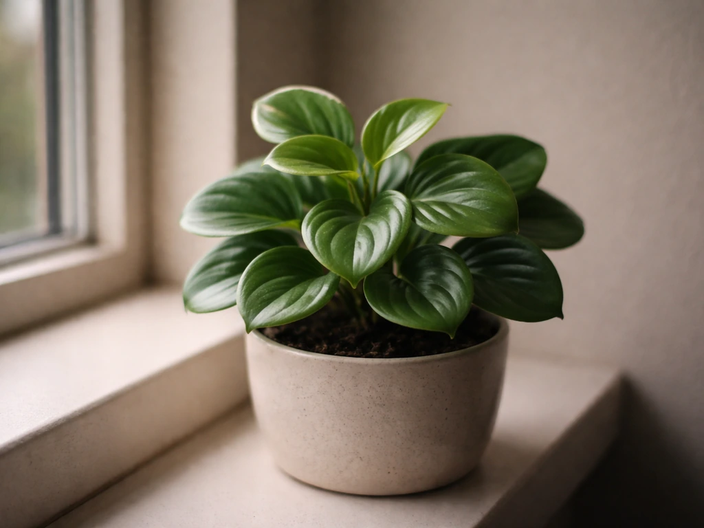 Healthy peperomia in a small pot near a dim window, thriving in low indoor light.