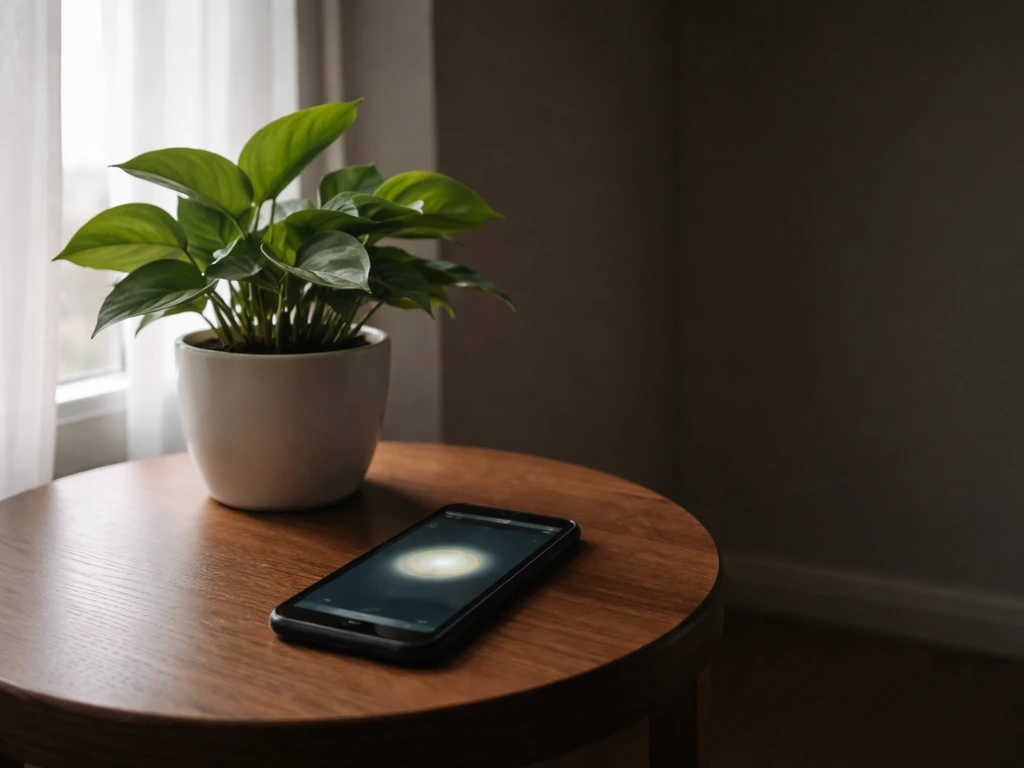 Lux meter held by a plant near a window showing brightness versus a dim indoor corner