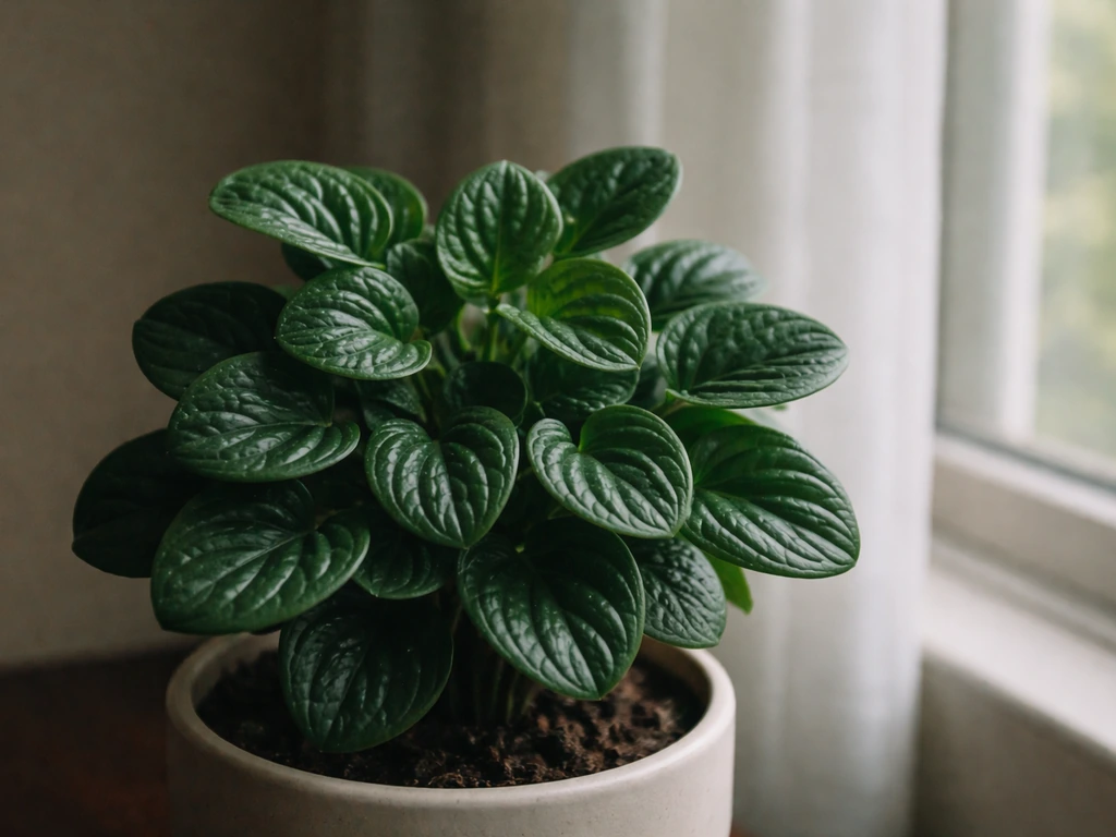 Darker-leaved solid green peperomia in a pot near a window with muted natural light, dense healthy leaves.