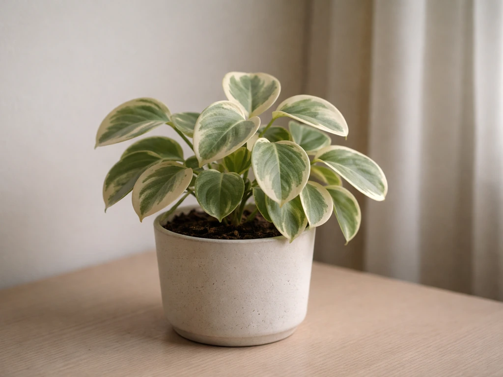 Variegated peperomia in lower light with faded cream-white leaf markings in a small pot indoors.