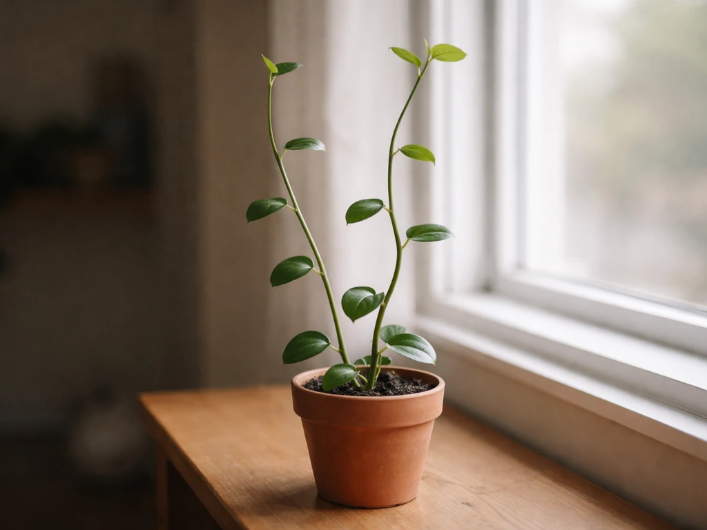 Leggy peperomia leaning toward a nearby window with wide gaps between leaves in soft natural light