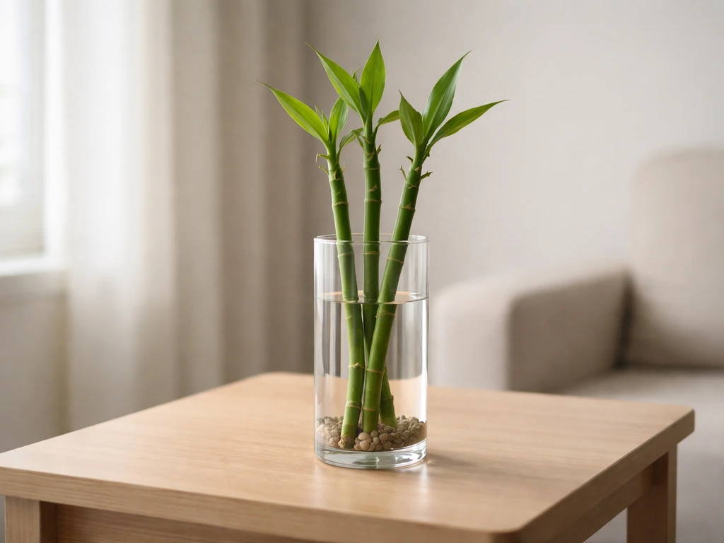 Healthy indoor lucky bamboo stalks in bright indirect light near a window, no direct sun beams.