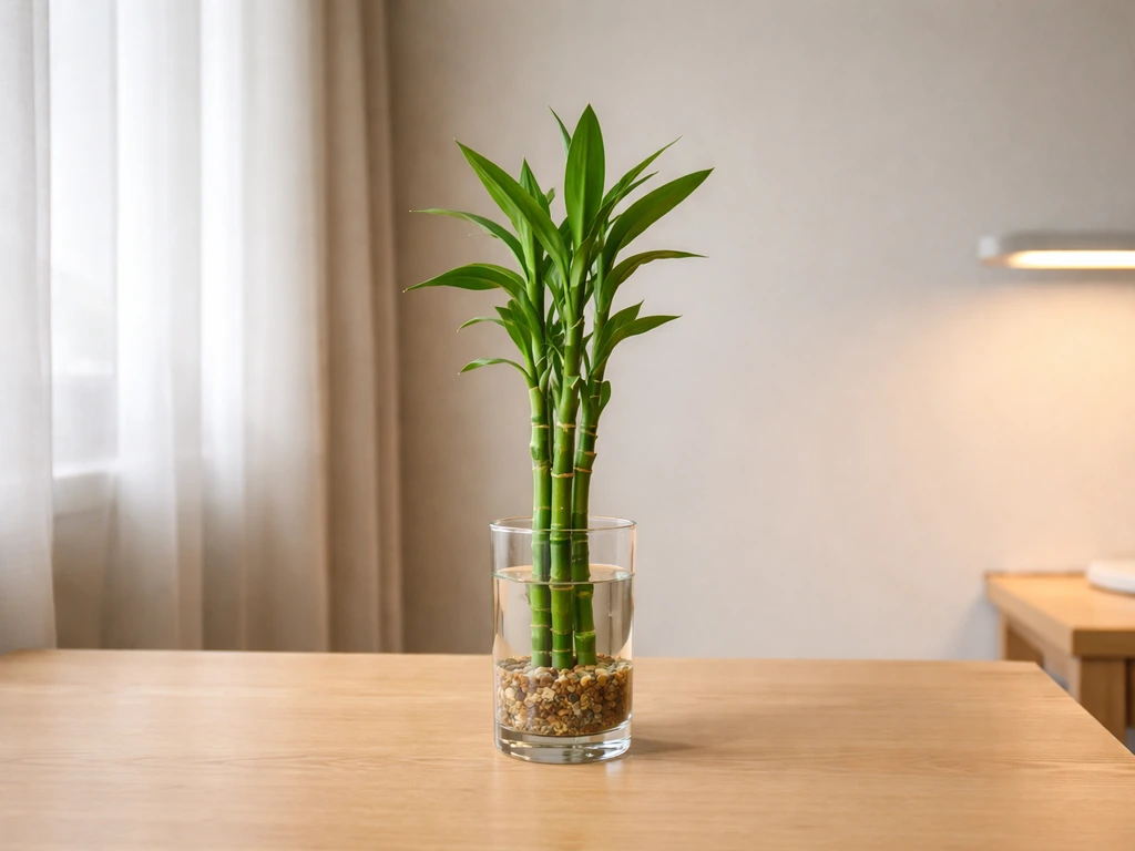 Lucky bamboo placed a short distance from a window with diffused light and a nearby fluorescent light on.