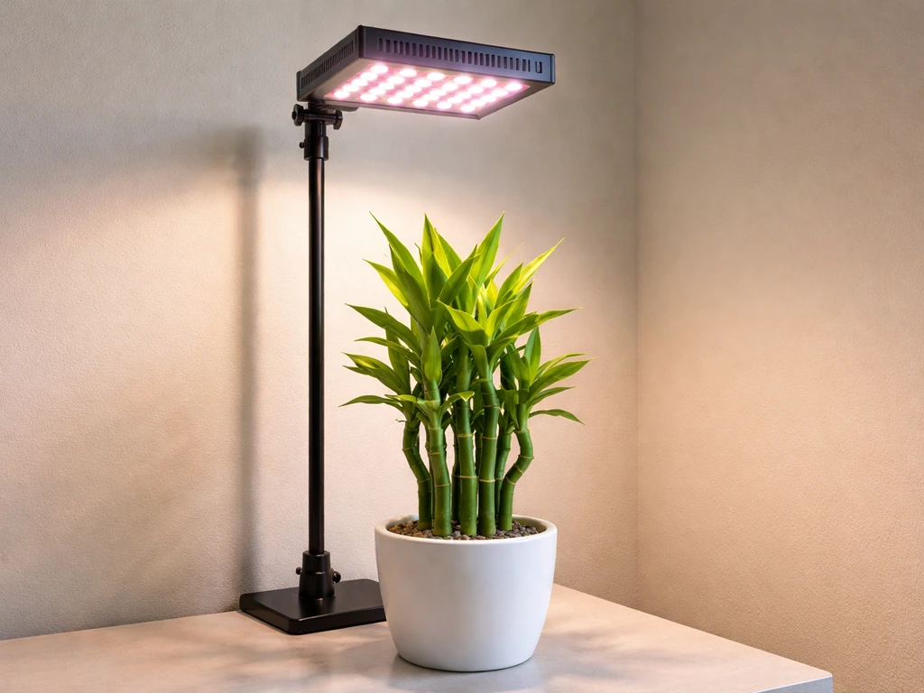 Lucky bamboo under a compact full-spectrum LED grow panel, showing the distance between lamp and plant.