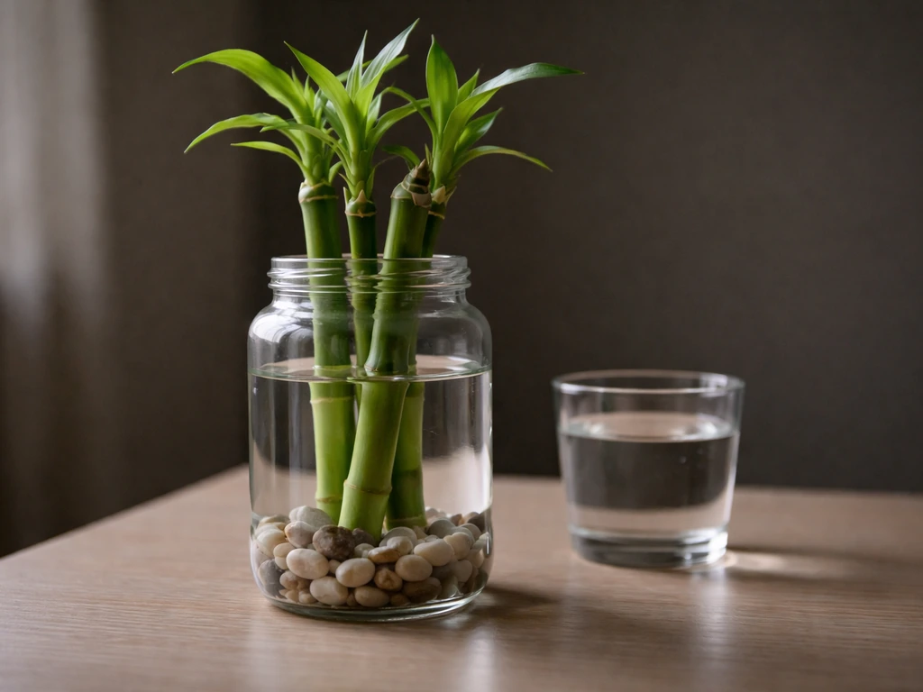 Low-light close-up of lucky bamboo in a clear jar with pebbles and clean water, with another small glass nearby.