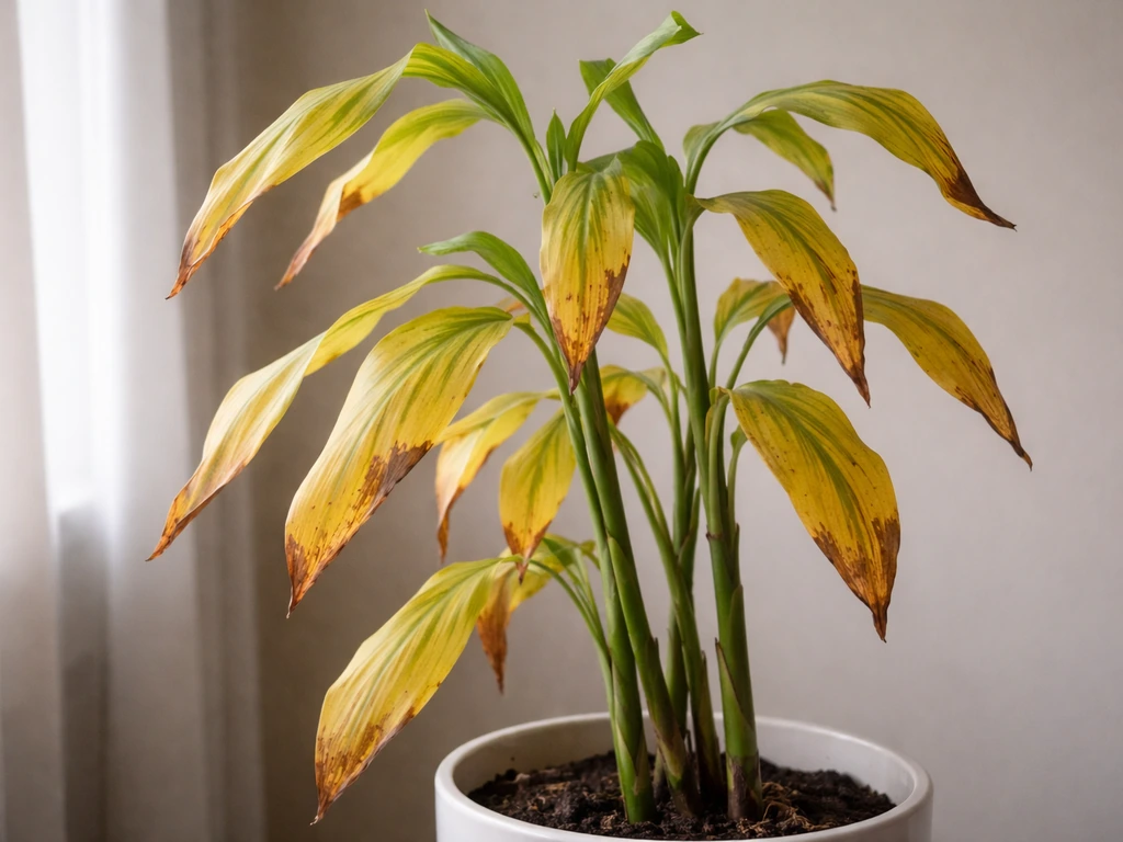 Close view of a houseplant with yellowing leaves and crispy brown tips leaning toward a window light.