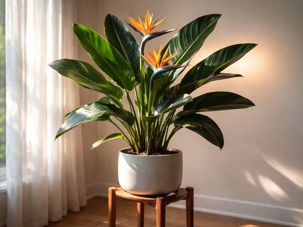 Bird of paradise plant indoors near a window with brighter light highlights on leaves and blooms.