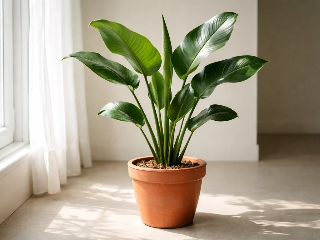 Bird of paradise plant in a bright window area, with darker room space showing it prefers high light