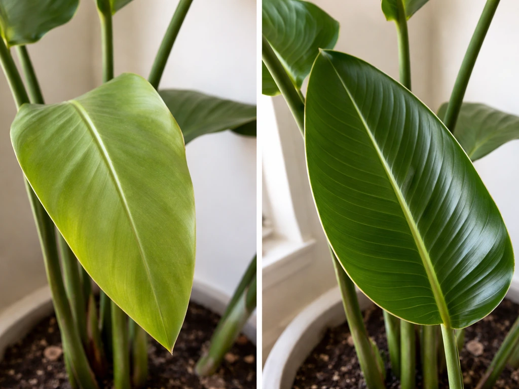 Close-up of bird of paradise leaves showing washed-out small new growth next to darker healthy growth.
