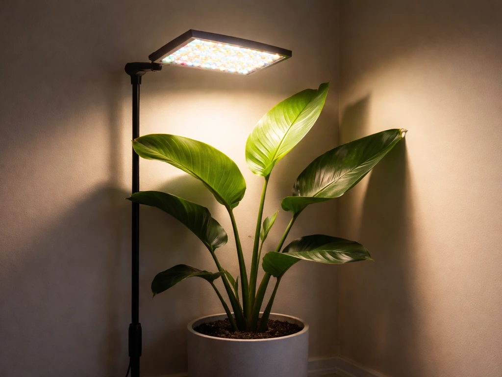Full-spectrum LED grow light panel mounted above a low-light bird of paradise plant in a simple indoor corner.