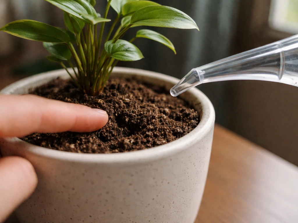 Finger gently checks dryness in a potted plant’s soil while a watering can hovers above.