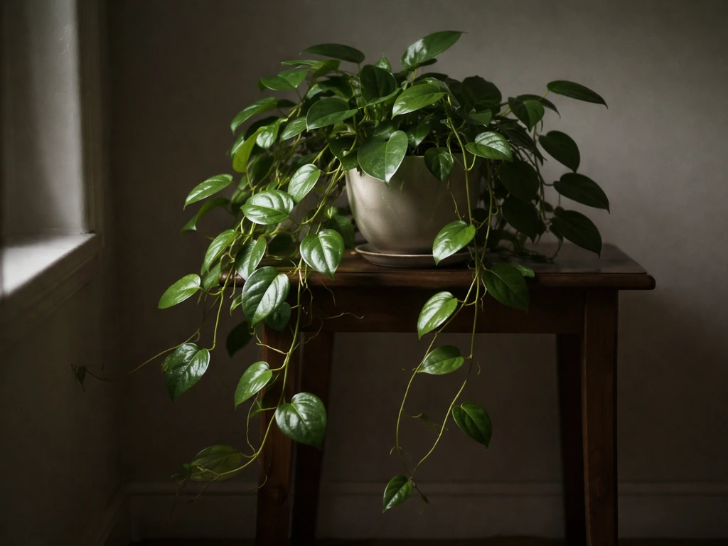 Healthy hoya plant in a dim room near a low natural-light window with a clear light cue.