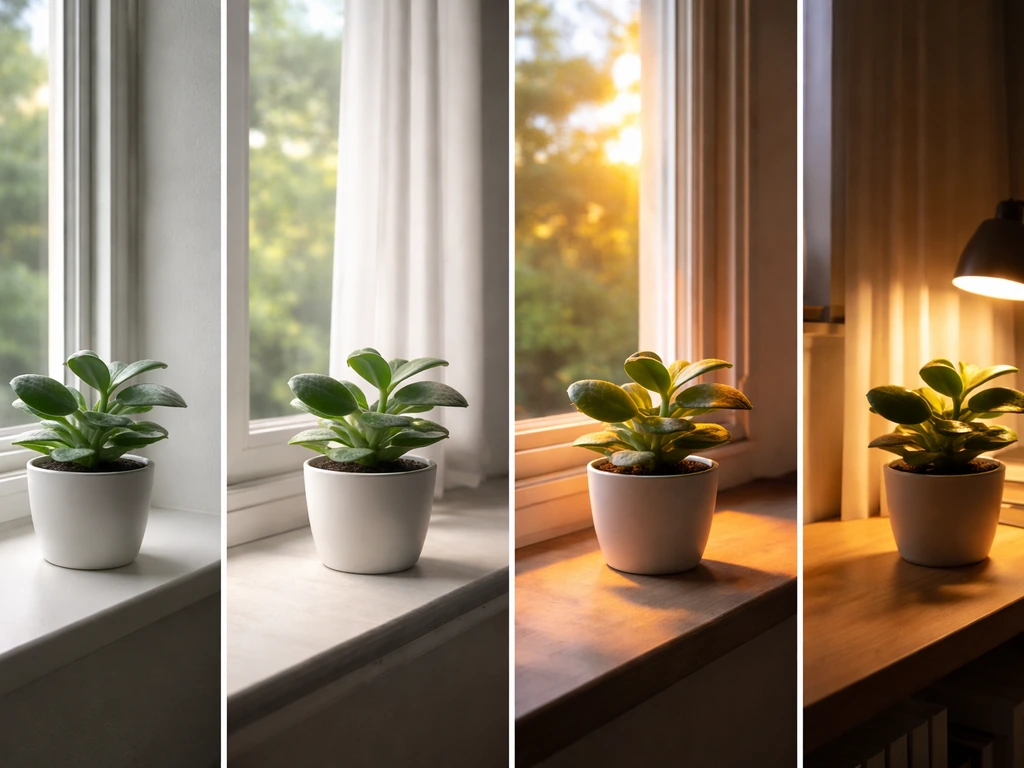 Four small hoya plants in pots showing different window directions and a lamp-lit distant spot.