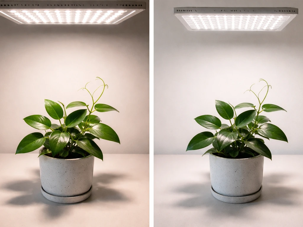 Two close photos of the same hoya leaves under an LED panel, one closer and brighter, one farther and dimmer