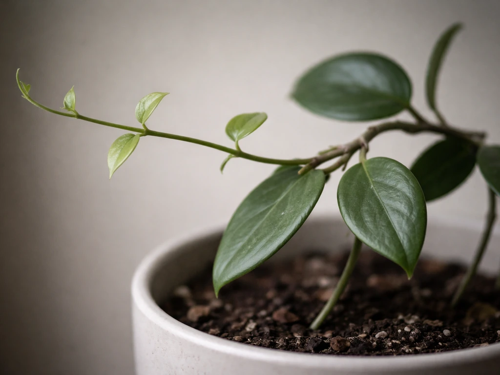 Close-up of hoya vines showing stretched growth and smaller leaves in dim light