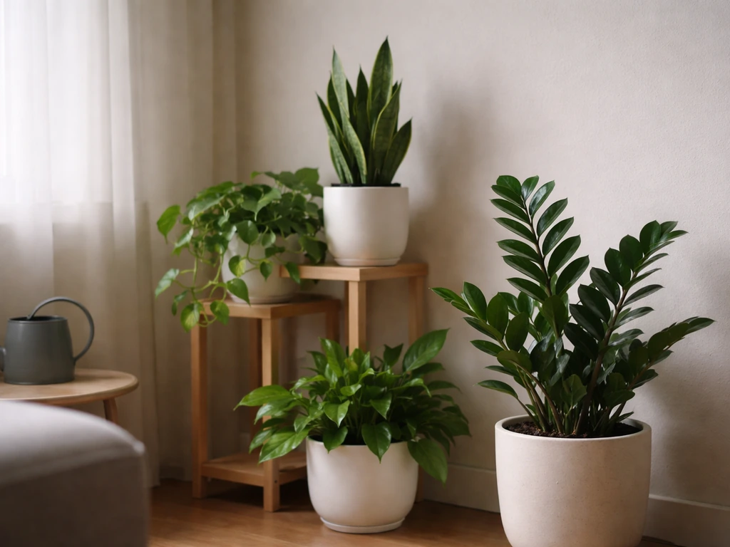 Healthy low-light houseplants in a bright indoor corner away from the window