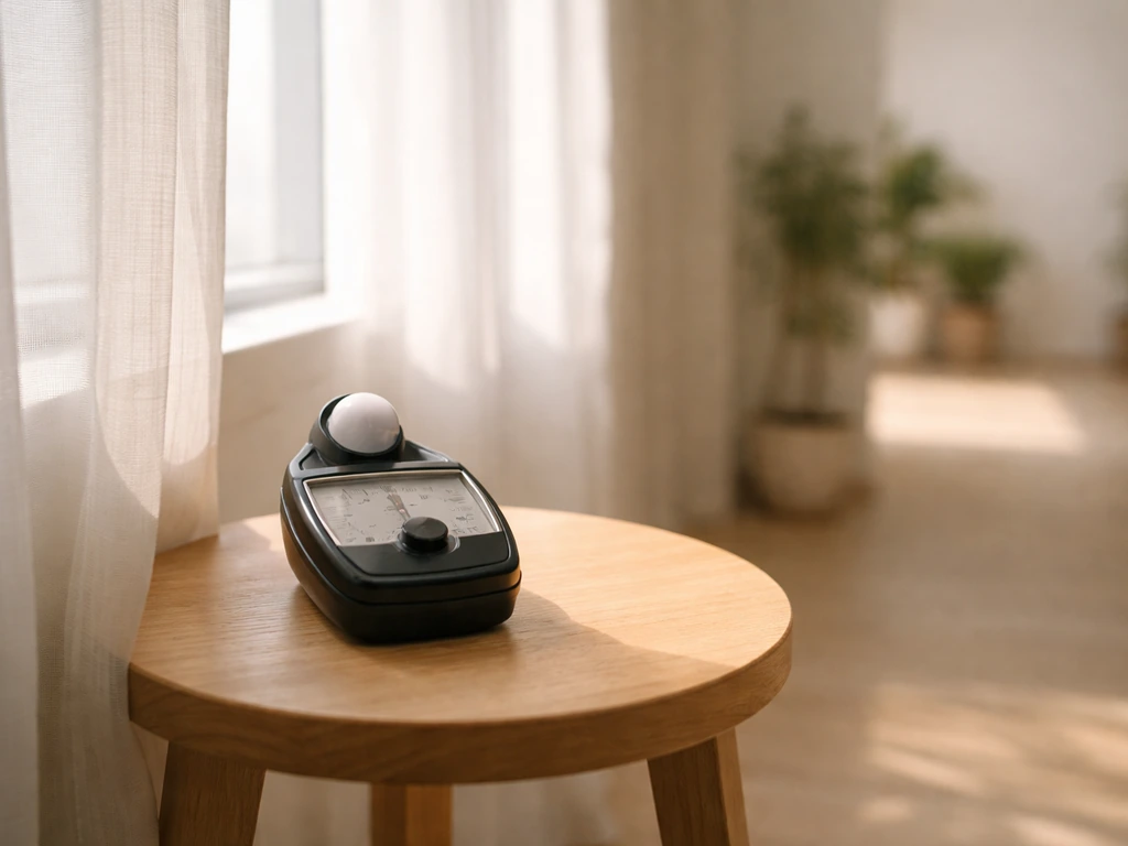 Analog light meter by a window showing brighter light near the table and dimmer light deeper inside.