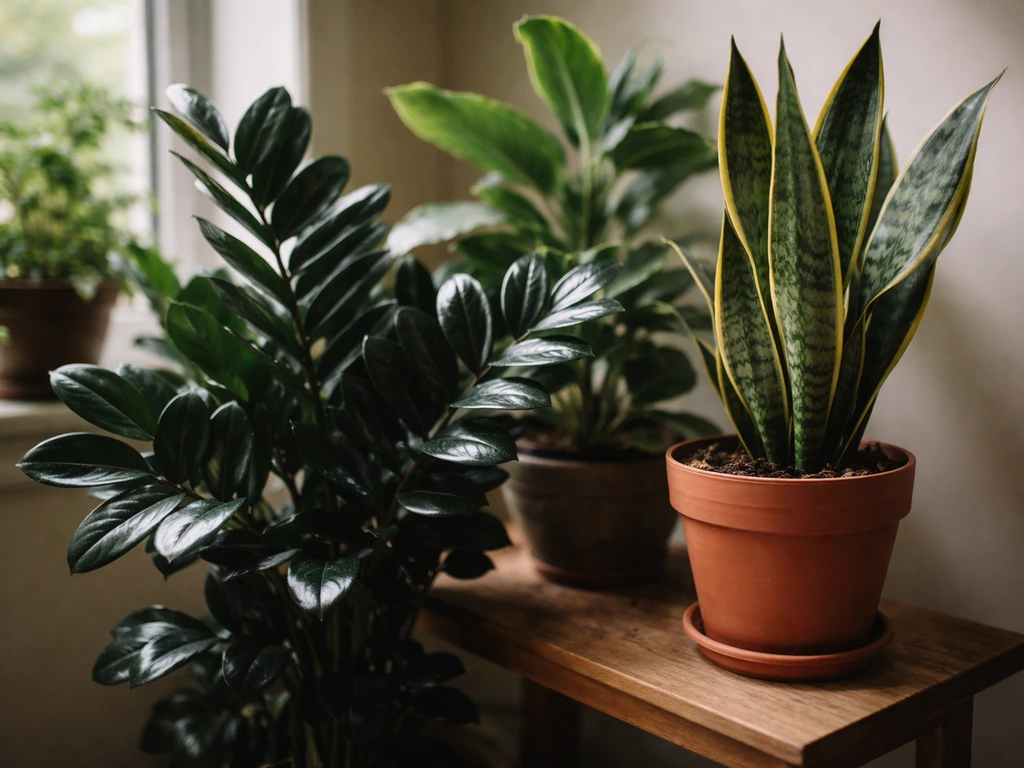 Several easy low-light foliage plants in a bright corner of a home, softly lit and realistic.