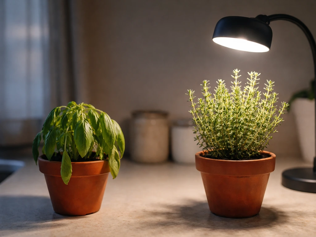Wilting basil in a dim kitchen window next to healthy herbs under bright light