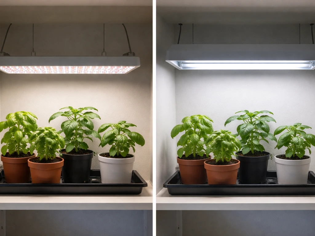 Side-by-side indoor plants under an LED grow light and fluorescent T5/T8 tubes.