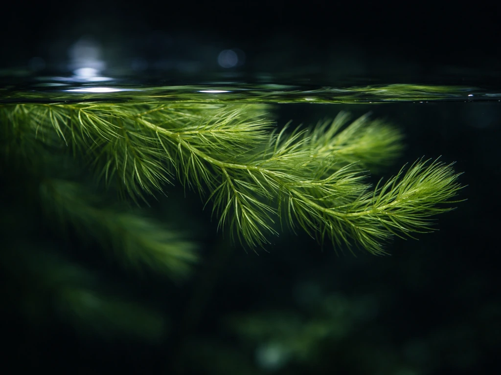 Hornwort floating near the surface in a dim indoor aquarium with a subtle LED glow.