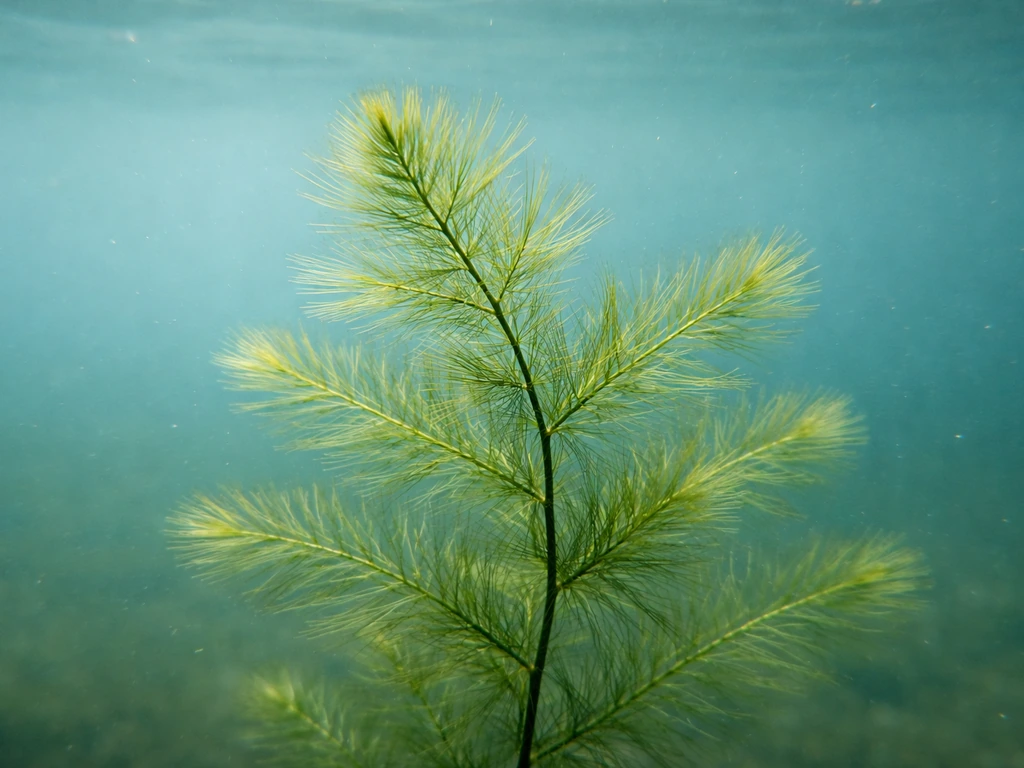 Underwater photo of rootless needle-like hornwort-like aquatic plant swaying in clear water